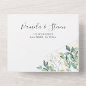 シックなユーカリ金ゴールド結婚フレームとRSVP オールインワン招待状 (裏面)