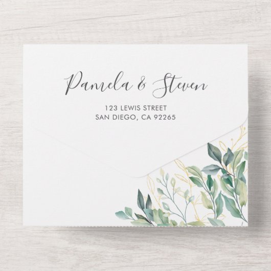 シックなユーカリ金ゴールド結婚フレームとRSVP オールインワン招待状 (裏面)