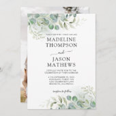 シックなユーカリ金ゴールド緑結婚の写真 招待状 (正面/裏面)