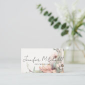 シックなライトバラセージグリーンボヘミアンフローラスクリプト 名刺 (スタンド正面)