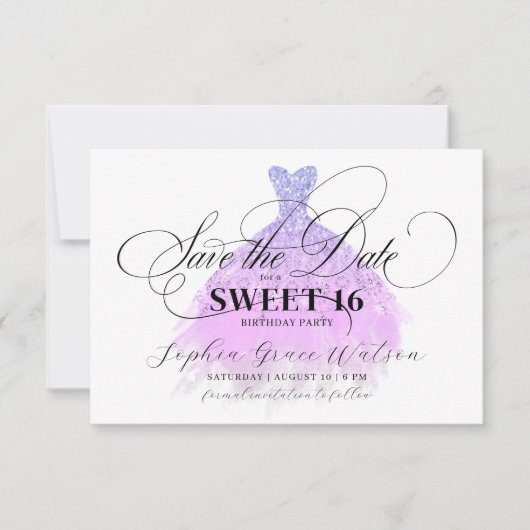 シックなライトパープルグリッタードレススウィート16誕生日 セーブザデート (正面)