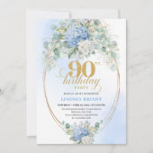 シックなライトブルーの花とゴールドの90歳の誕生日招待状 招待状 (正面)