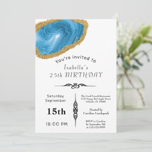 シックなライトブルーアゲート金ゴールドメッキ誕生日 招待状 (スタンド正面)