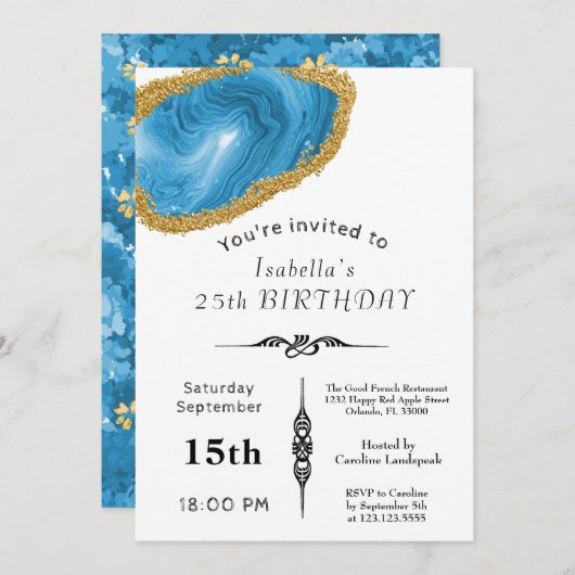 シックなライトブルーアゲート金ゴールドメッキ誕生日 招待状 (正面/裏面)