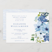 シックなライトブルーウォーターカラーフローラブライダルシャワー 招待状 (正面/裏面)
