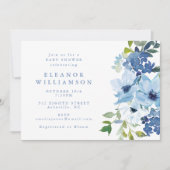 シックなライトブルー水色フローラかわいい赤ちゃんシャワー 招待状 (正面)