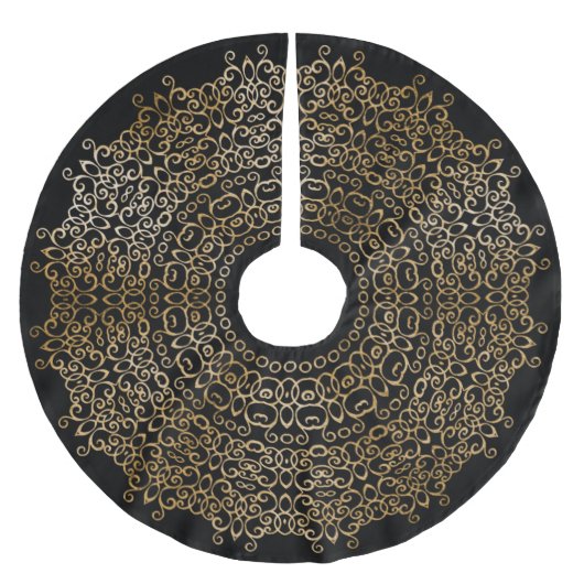 シックなラグジュアリーブラック&金ゴールドクリスマスダマスククラシーB ブラッシュドポリエステルツリースカート (正面)