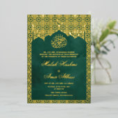 シックなラグジュアリー金ゴールド&グリーンゴメトリックムスリム結婚ズ 箔招待状 (立ち正面)