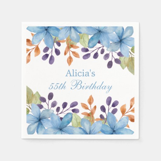 シックなラブリーブルーフローラウォーターカラーエージ誕生日 スタンダードカクテルナプキン (正面)