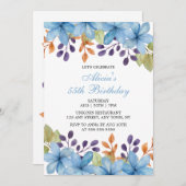 シックなラブリーブルーフローラウォーターカラーエージ誕生日 招待状 (正面/裏面)