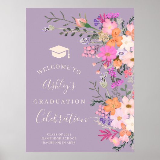 シックなラベンダーのフローラの水色卒業へようこそ ポスター (正面)
