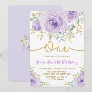 シックなラベンダーの花柄のばら色の女の子の第1誕生会 招待状