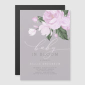 シックなラベンダーグレーフローラベビーイン開花シャワー マグネット招待状 (正面/裏面)