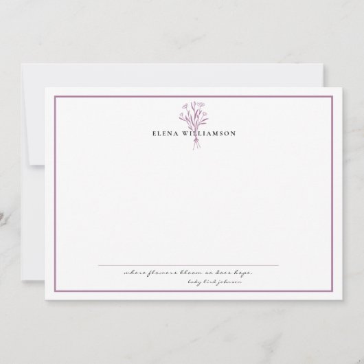 シックなラベンダーフレーム – 花と希望パーソナライズされた ノートカード (正面)