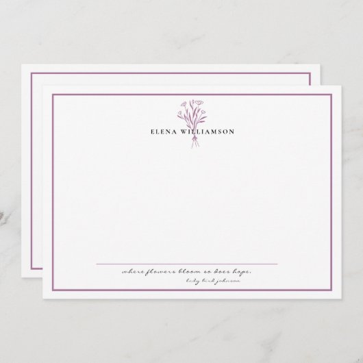 シックなラベンダーフレーム – 花と希望パーソナライズされた ノートカード (正面/裏面)
