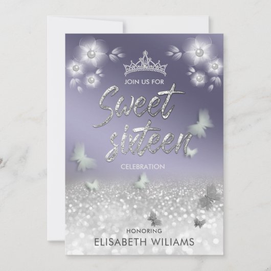 シックなラベンダーフローラグリッターティアラバタフライ 招待状 (正面)