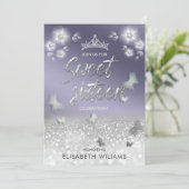 シックなラベンダーフローラグリッターティアラバタフライ 招待状 (スタンド正面)
