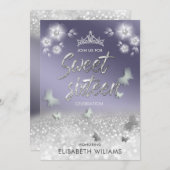 シックなラベンダーフローラグリッターティアラバタフライ 招待状 (正面/裏面)