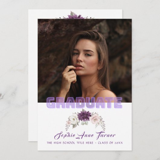 シックなラベンダーフローラプラムパープル写真卒業 招待状 (正面/裏面)