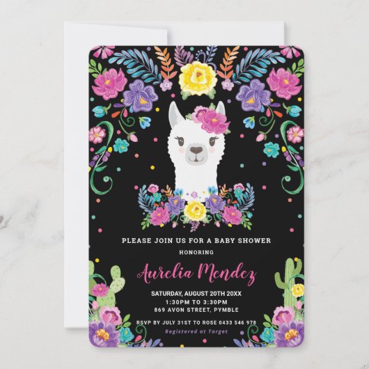 シックなラマメキシコフローラベビーシャワーシャルボード 招待状 (正面)