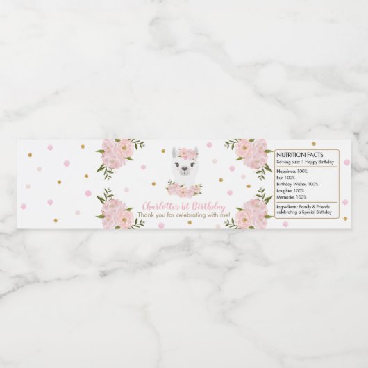 シックなラマ赤面ピンクフローラバースデーパーティーのお願い ペットボトルラベル (シングルラベル)