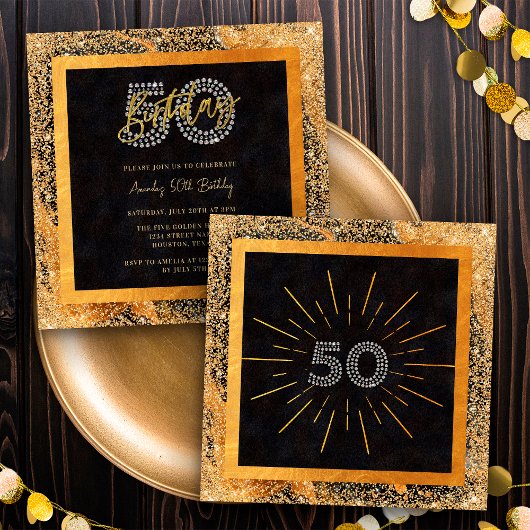 シックなラメ ブラック&ゴールドの50歳の誕生日パーティー 招待状