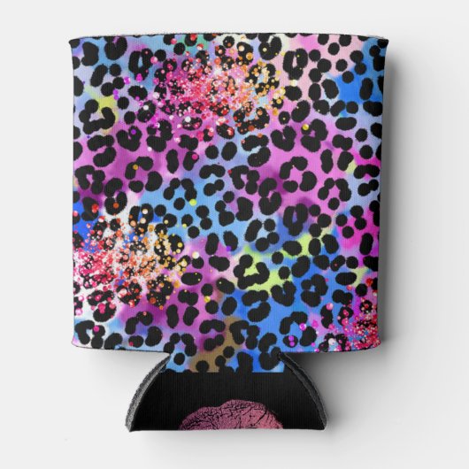 *~*シックなリップグリッター動物ヒョウのスポットブルー 缶クーラー (正面)