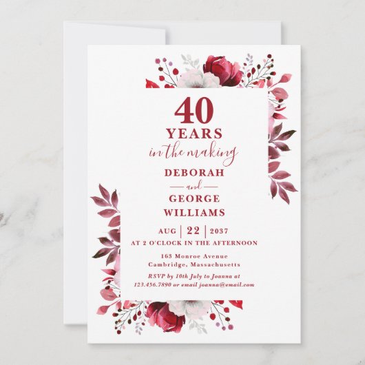 シックなルビー40周年結婚フローラ 招待状 (正面)