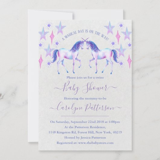 シックなレインボーウォーターカラーツインユニコーン赤ちゃんシャワー 招待状 (正面)