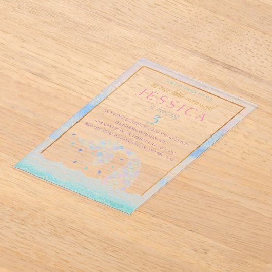 シックなレインボーウォーターカラーマーメイドアニエージ誕生日 アクリル招待状 (レイダウン)