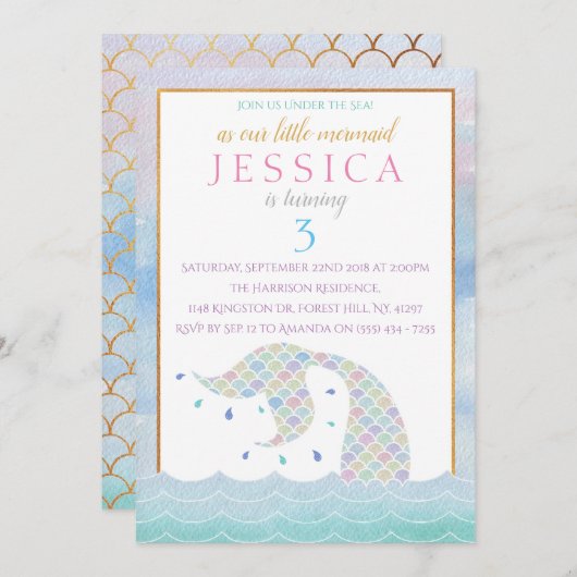 シックなレインボーウォーターカラーマーメイドアニエージ誕生日 招待状 (正面/裏面)