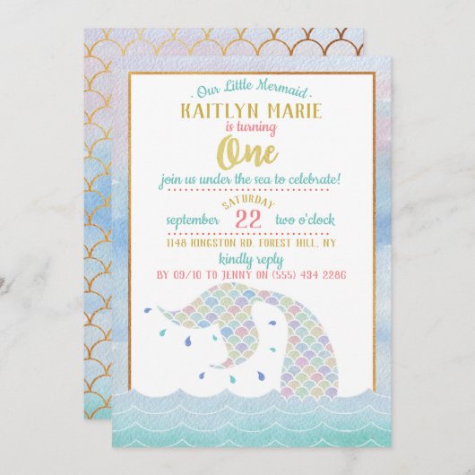 シックなレインボーウォーターカラーマーメイド1st誕生日 招待状 (正面/裏面)