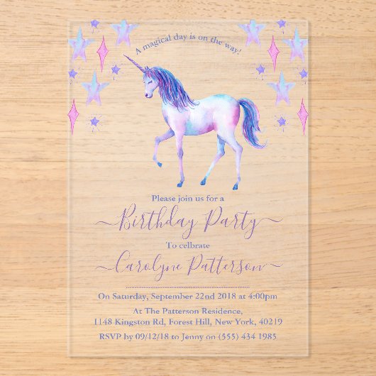 シックなレインボーウォーターカラーユニコーンバースデーパーティー アクリル招待状 (正面)