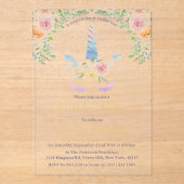 シックなレインボーウォーターカラーユニコーンバースデーパーティー アクリル招待状 (正面)