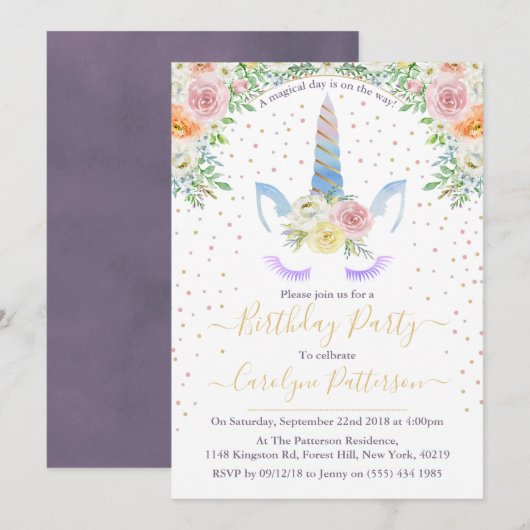 シックなレインボーウォーターカラーユニコーンバースデーパーティー 招待状 (正面/裏面)