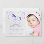 シックなレインボーウォーターカラーユニコーンフォト誕生日 招待状 (正面)
