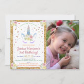 シックなレインボーウォーターカラーユニコーンフォト誕生日 招待状 (正面)