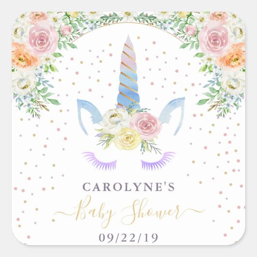 シックなレインボーウォーターカラーユニコーンベビーシャワー スクエアシール (正面)