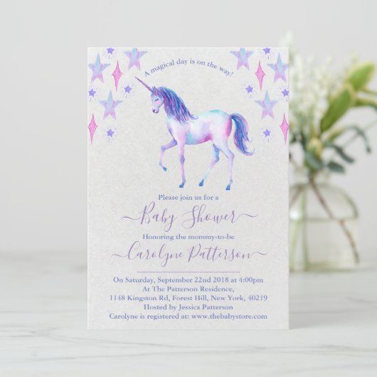 シックなレインボーウォーターカラーユニコーンベビーシャワー 招待状 (スタンド正面)