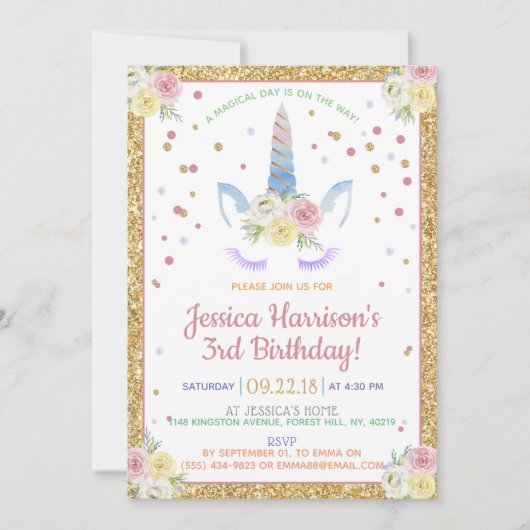 シックなレインボーウォーターカラーユニコーン任意の年齢誕生日 招待状 (正面)