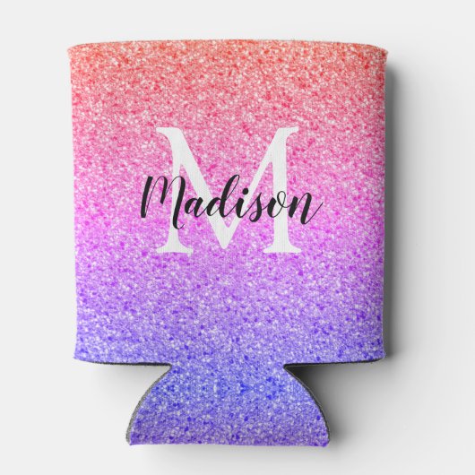 シックなレインボーグリッタースクリプトモノグラムパーソナライズされた 缶クーラー (裏面)