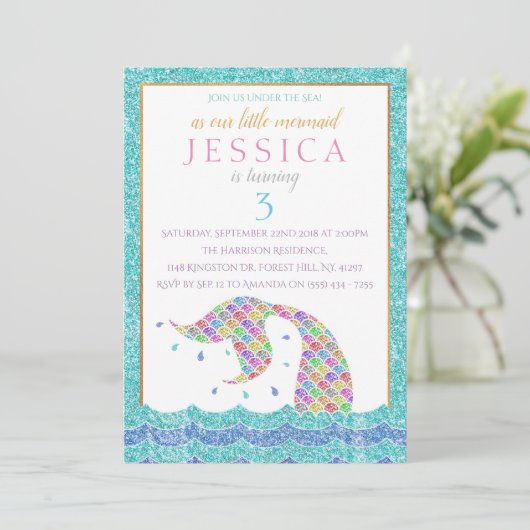 シックなレインボーグリッターマーメイドニーエイジ誕生日 招待状 (スタンド正面)