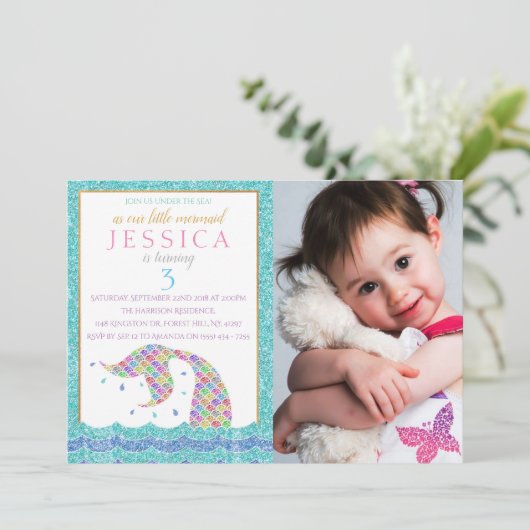 シックなレインボーグリッターマーメイド写真3rd誕生日 招待状 (スタンド正面)
