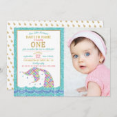 シックなレインボーグリッターマーメイド1stバースデーフォト 招待状 (正面/裏面)