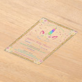 シックなレインボーグリッターユニコーンベビーシャワー アクリル招待状 (レイダウン)