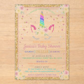 シックなレインボーグリッターユニコーンベビーシャワー アクリル招待状 (正面)