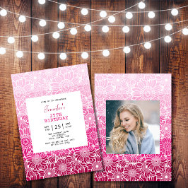 シックなレインボーピンクストライプフローラフォト誕生日 招待状