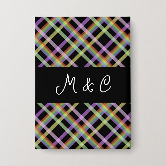 シックなレインボー格子模様オンブラック 缶バッジ (正面)