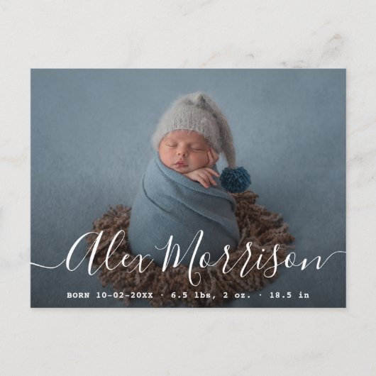 シックなレタリングベビー誕生の発表カード ポストカード (正面)