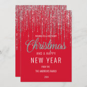 シックなレッドシルバーグリッターフリンジカーテンクリスマスH シーズンカード (正面/裏面)